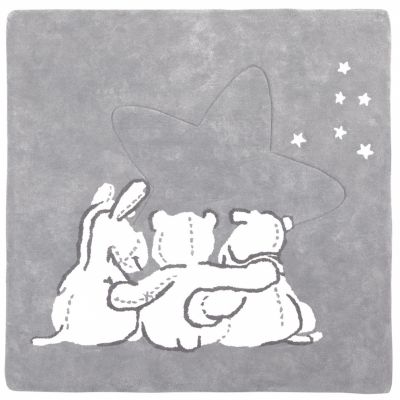 Tapis coton gris et blanc poudre d'étoiles 3 personnages (120 x 120 cm)