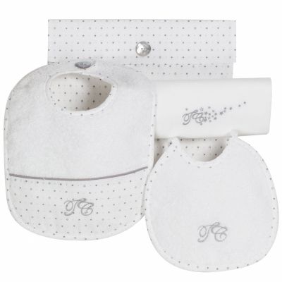 Kit de naissance blanc (lot : 1 petit bavoir, 1 grand bavoir, 1 lange) Pluie d'�toile par Tartine et Chocolat