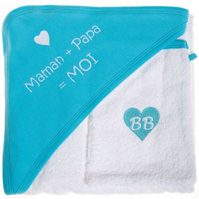 Cape de bain Maman et Papa avec gant assorti Turquoise   par  BB & Co