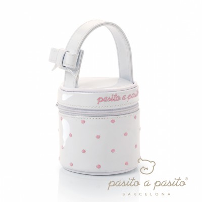 Housse de sucette �co-cuir verni blanc � pois rose par Pasito a pasito