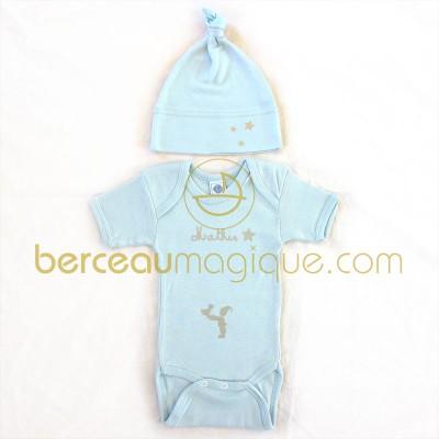 Ensemble bonnet + body bleu � manches courtes personnalisable par Les Griottes