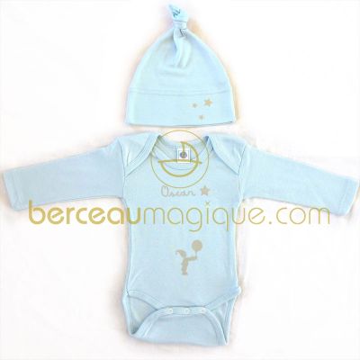 Ensemble bonnet + body bleu � manches longues personnalisable par Les Griottes