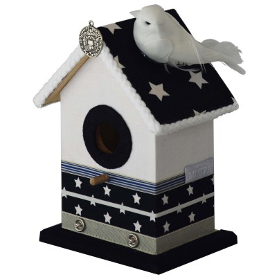 Cabane à oiseaux silver star avec étoiles blanches (12 x 9 x 16 cm)