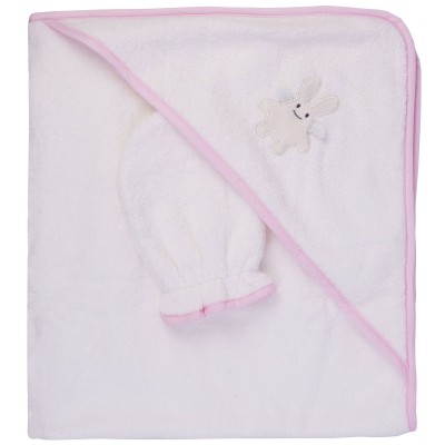 Cape de bain avec gant ange lapin rose et blanc (75 x 80 cm)