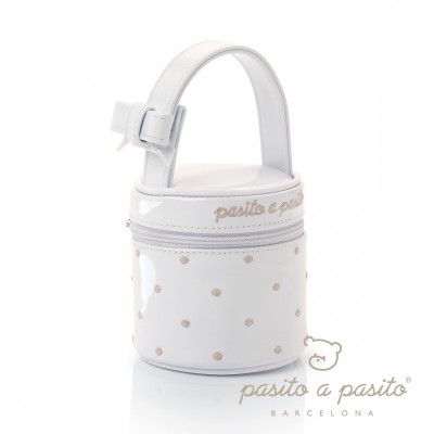 Housse de sucette �co-cuir verni blanc � pois beige par Pasito a pasito