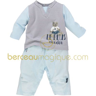 Ensemble T-shirt et pantalon ''Le plus doudou'' Aquarelle bleue (1 mois au 12 mois) par Sucre d'orge