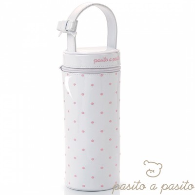 Housse de biberon �co-cuir verni blanc � pois roses par Pasito a pasito