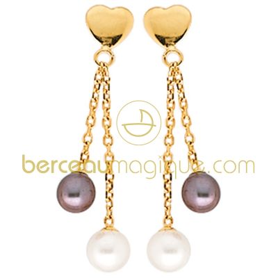 Boucles d'oreilles c�ur pendantes et perles (or jaune 750�)  par Berceau magique bijoux