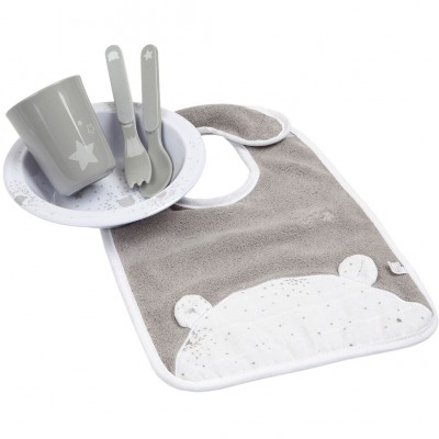 Coffret cadeau repas + bavoir nouky gris