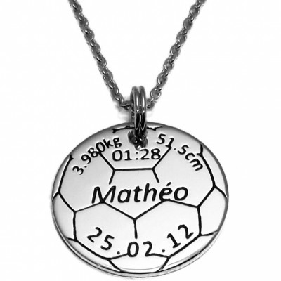 M�daille de naissance ballon de foot avec cha�ne (plaqu� argent rhodi�) par Milo