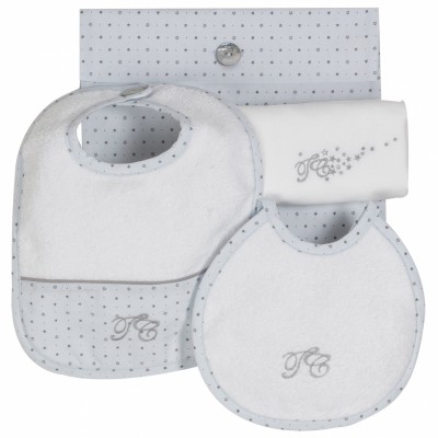 Kit de naissance ciel (lot : 1 petit bavoir, 1 grand bavoir + 1 lange) Pluie d'�toile par Tartine et Chocolat