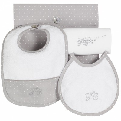 Kit de naissance gris (lot : 1 petit bavoir, 1 grand bavoir, 1 lange) Pluie d'�toile par Tartine et Chocolat