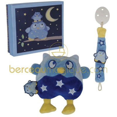 Coffret Hochet + attache-sucette phosphorescent ''Chouette �a brille'' bleu par Doudou et Compagnie