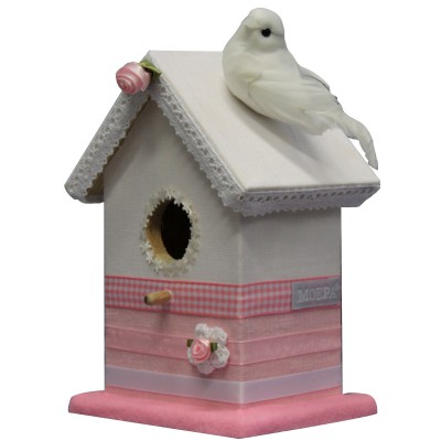 Cabane à oiseaux linen nature rose et blanc (12 x 9 x 16 cm)