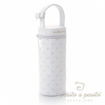 Housse de biberon �co-cuir verni blanc � pois beige par Pasito a pasito
