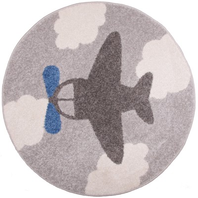 Tapis garçon little plane avion gris et bleu (diamètre 100 cm)