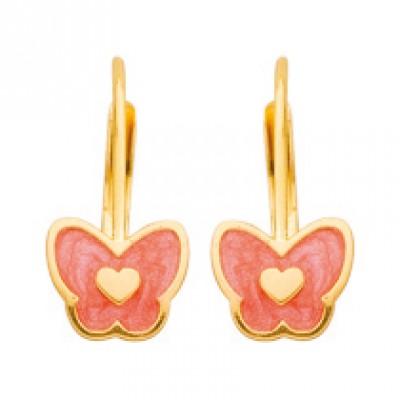 Boucles d'oreilles cr�oles papillons laqu�s rouge (or jaune) par Berceau magique bijoux