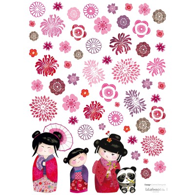 Stickers a3 poupées japonaises fleurs by corinne demuynck (29,7 x 42 cm)