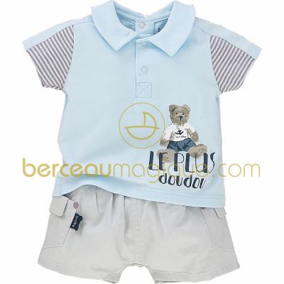 Ensemble polo et short ''Le plus doudou'' Aquarelle bleue (1 mois au 12 mois) par Sucre d'orge