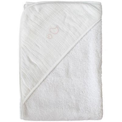 Cape de bain lin lavé blanche oiseaux rose poudré (75 x 75 cm)