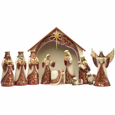 Crèche nativité ivoire et or (9 pièces)