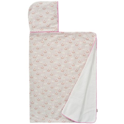 Cape de bain avec capuche oiseau beige et rose en coton bio (100 x 75 cm)