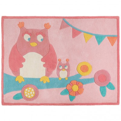 Tapis en laine rose claire hibou mademoiselle et ribambelle (100 x 130 cm)