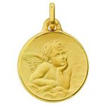 M�daille Ange ronde satin�e entourage diamant (or jaune 375�) - Berceau magique bijoux