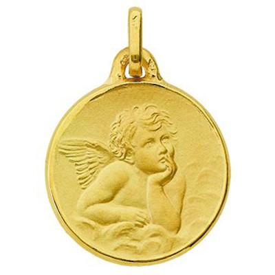 M�daille Ange ronde satin�e entourage diamant (or jaune 375�)   par  Berceau magique bijoux