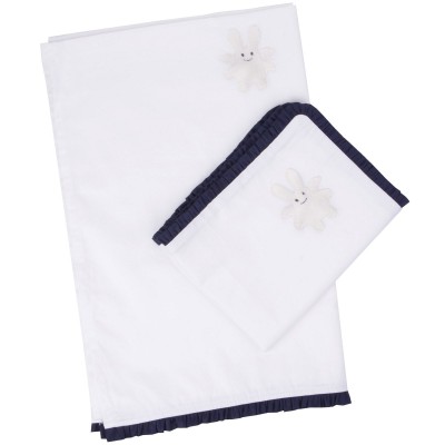 Drap + taie d'oreiller ange lapin blanc et bleu marine (120 x 180 cm)