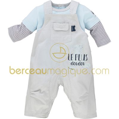 Ensemble T-shirt et salopette ''Le plus doudou'' Aquarelle bleue (1 mois au 12 mois) par Sucre d'orge