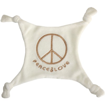 Doudou plat velours brod� ''Peace & Love'' �cru/or par BB & Co
