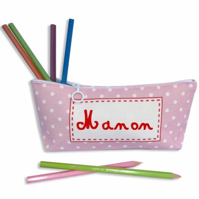 Trousse scolaire rose � pois personnalisable par Les Griottes