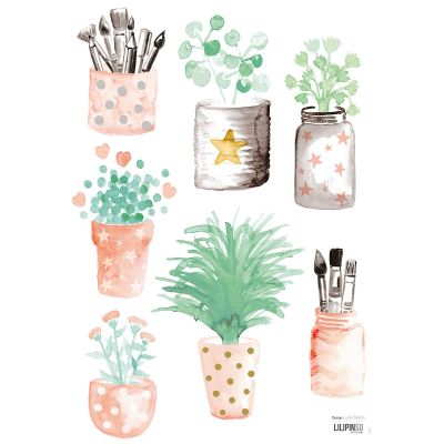 Stickers a3 petits pots de fleurs flamingo by lucie bellion (29,7 x 42 cm)