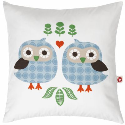 Coussin lamue 2 chouettes bleues en coton bio (40 x 40 cm)