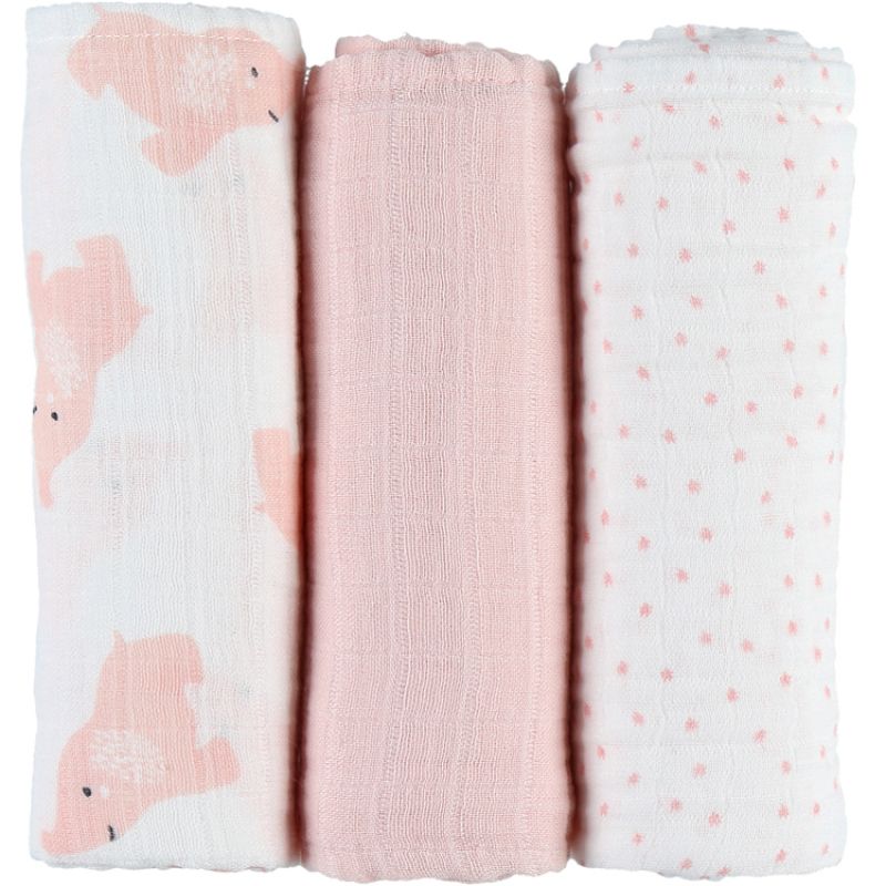 Lot de 3 langes en mousseline de coton Eléphant rose (70 x 70 cm) Noukie's