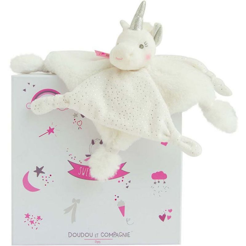 Coffret doudou plat licorne argent Le Coffret doudou (22 cm) Doudou et Compagnie