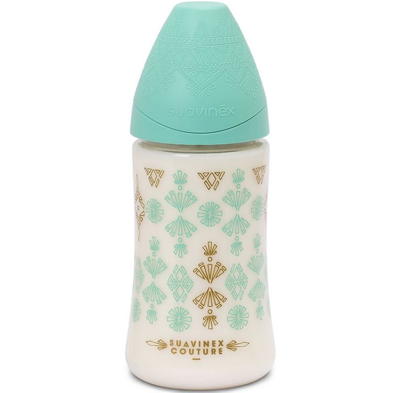 Biberon Couture Ethnic 3 vitesses vert d'eau et doré (270 ml) Suavinex