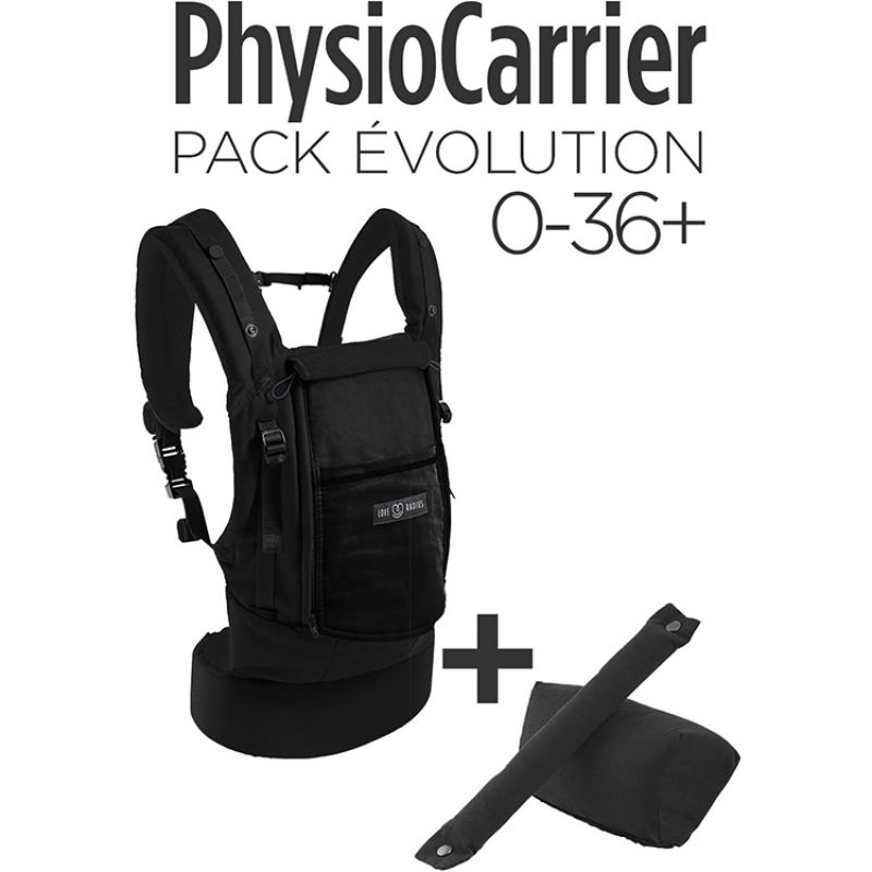 Pack Evolution porte-bébé PhysioCarrier en coton noir + booster réhausseur et cale-tête Love Radius
