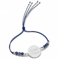 Bracelet cordon Rainbow Médaille bleu marine personnalisable (argent 925°)