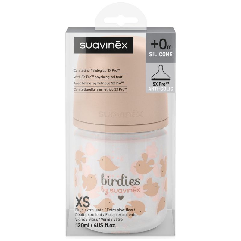 Biberon en verre tétine SXPro Xs Birdies Rose (120Ml) Suavinex Packaging 4