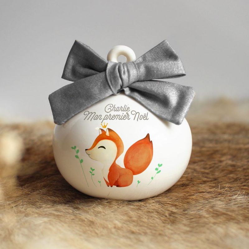 Boule de Noël en porcelaine Renard nœud argenté (personnalisable) Gaëlle Duval
