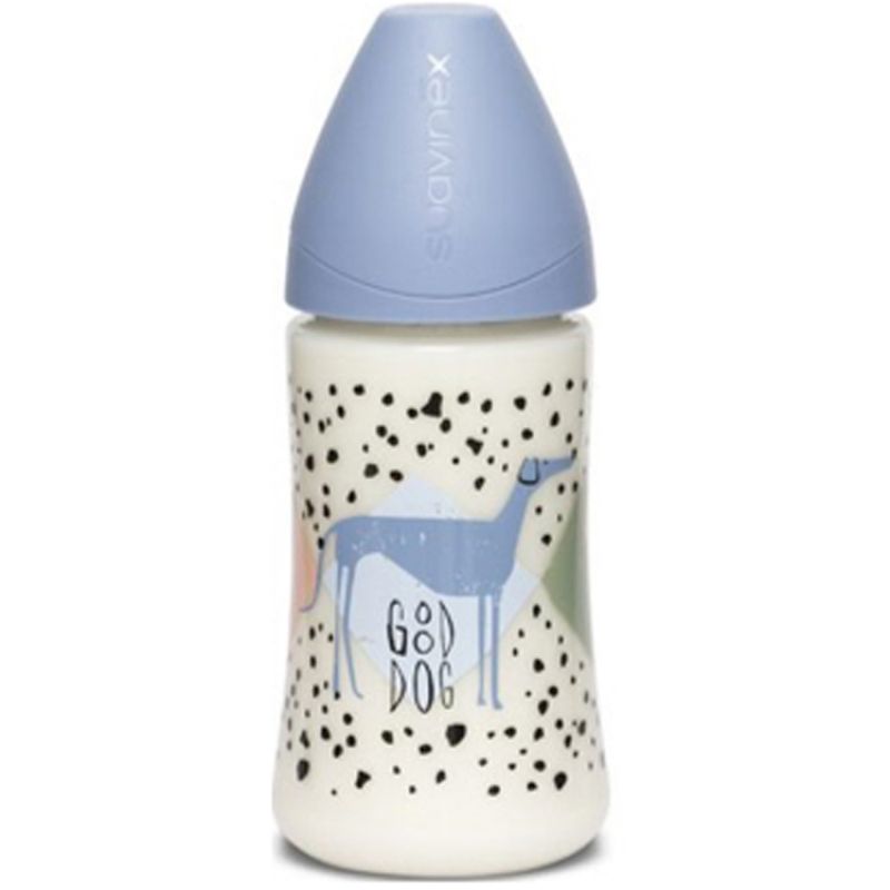 Biberon avec tétine ronde en silicone Total Look Good Dog Chien bleu (270 ml) Suavinex