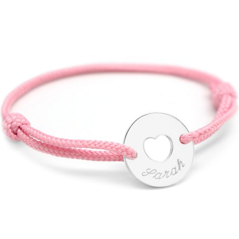 Bracelet cordon maman Mini jeton coeur (argent 925°) Petits trésors