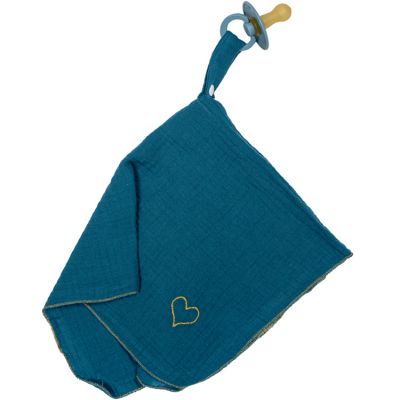Doudou attache sucette en mousseline bleu paon BB & Co