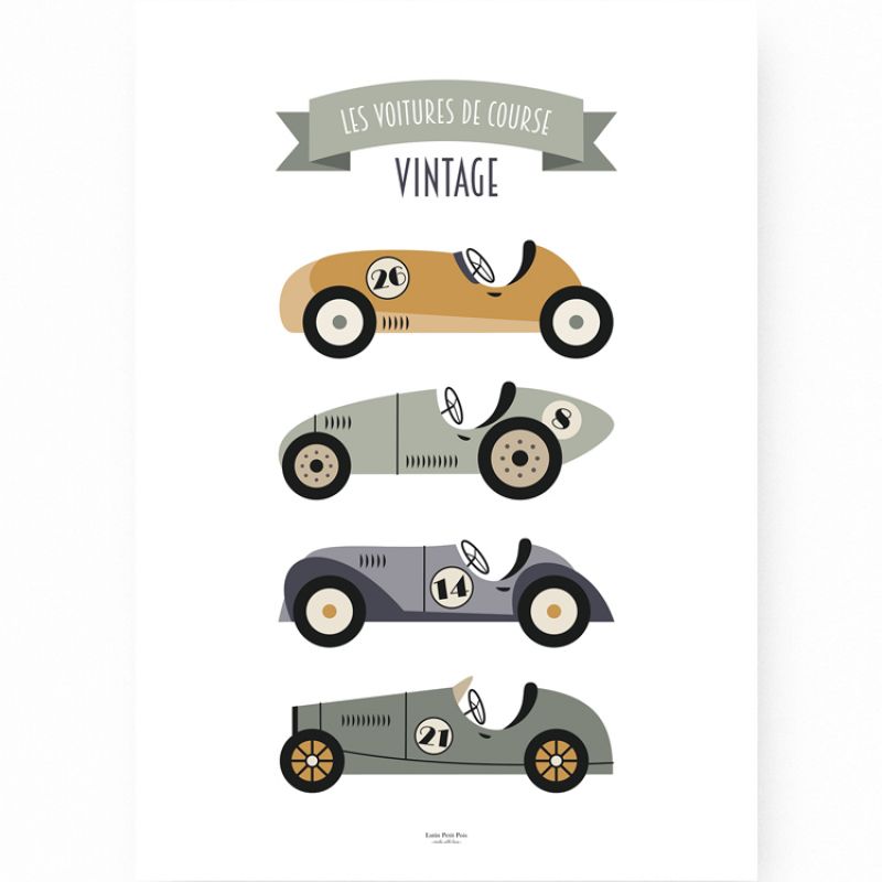 Affiche A3 Voitures de Course Vintage Lutin Petit Pois