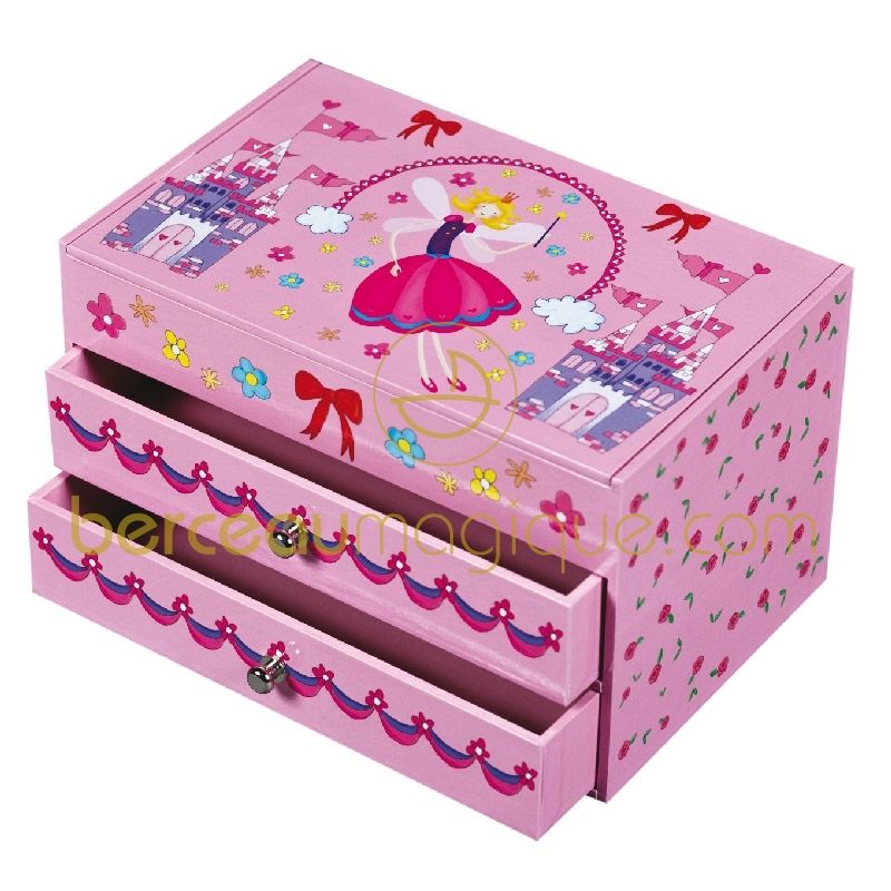 Grande boîte à bijoux musicale 2 tiroirs Princesse fée rose Trousselier