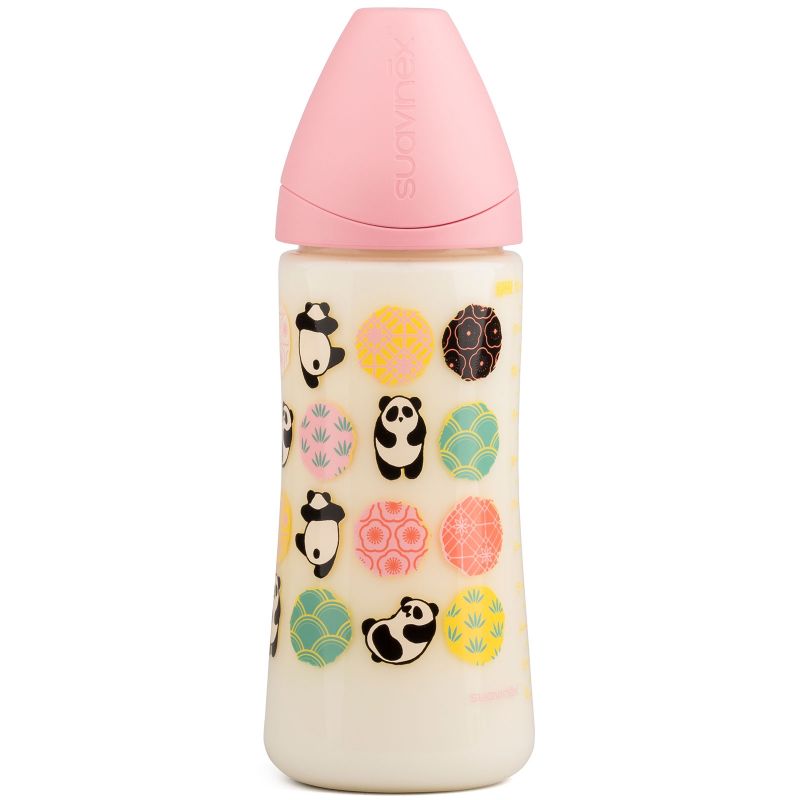 Biberon avec tétine physiologique en silicone Panda rose (360 ml) Suavinex