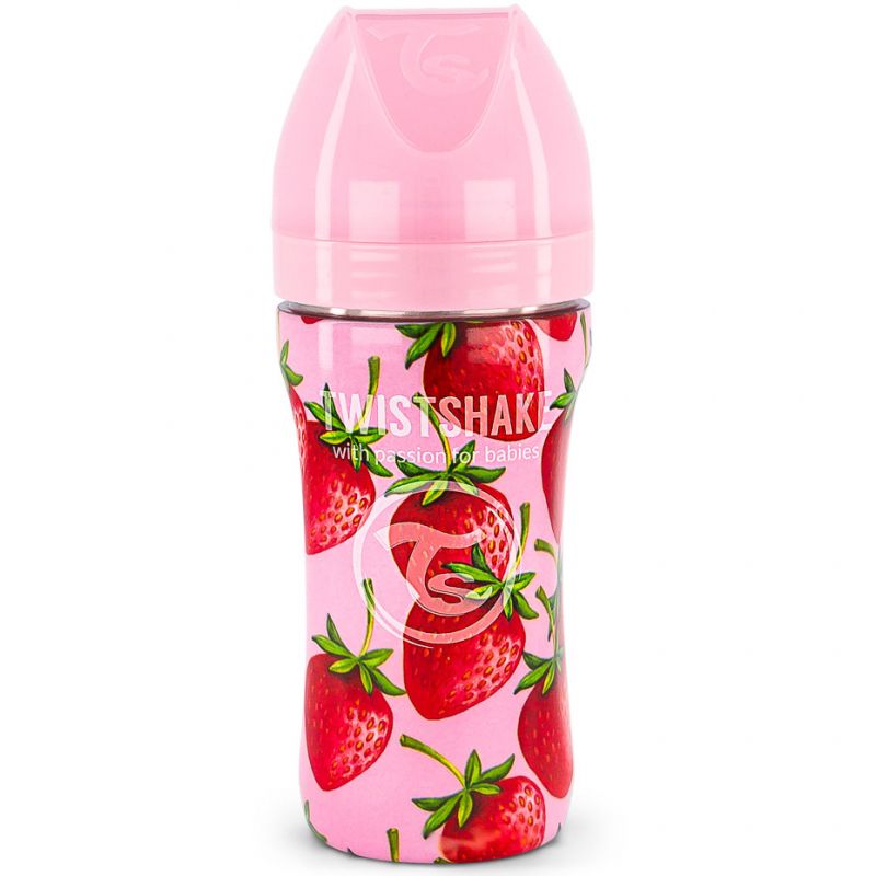 Biberon anti-colique en acier inoxydable fraise (330 ml) Twistshake