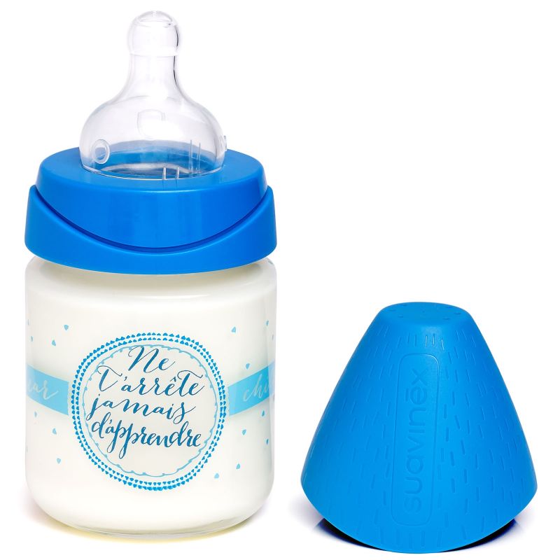 Biberon en verre bleu Ne t'arrête jamais apprendre (120 ml) Suavinex